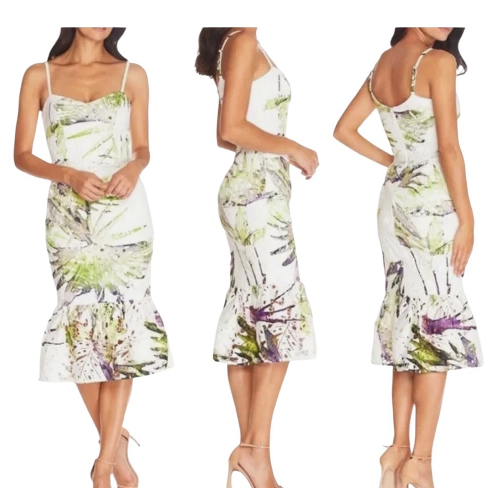 Dress the Population “Alea” Botanical Print Guipure Lace Midi Dress